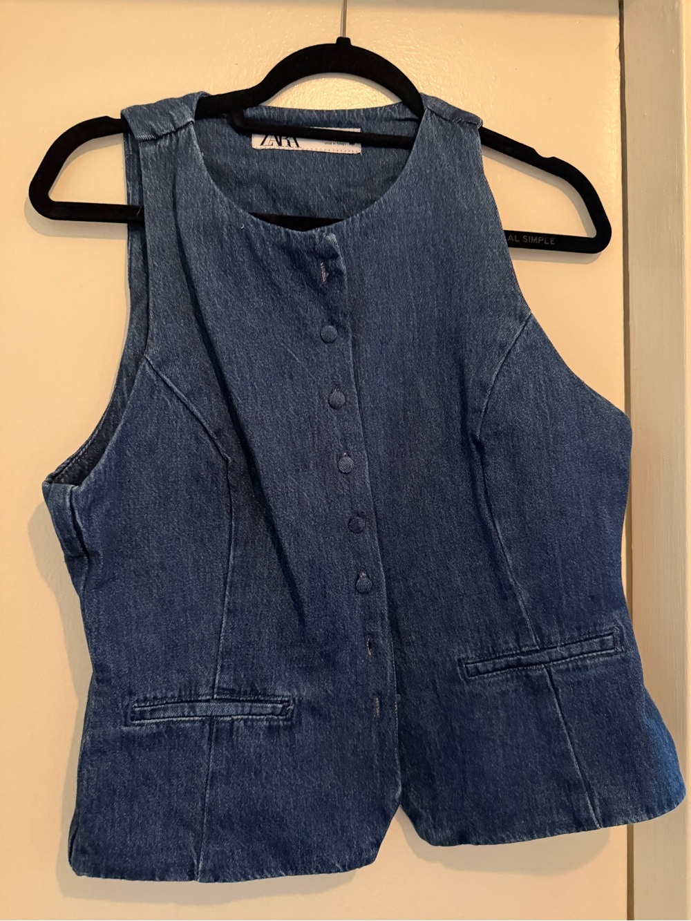 Zara Dark Blue Denim Button-Front Sleeveless Vest